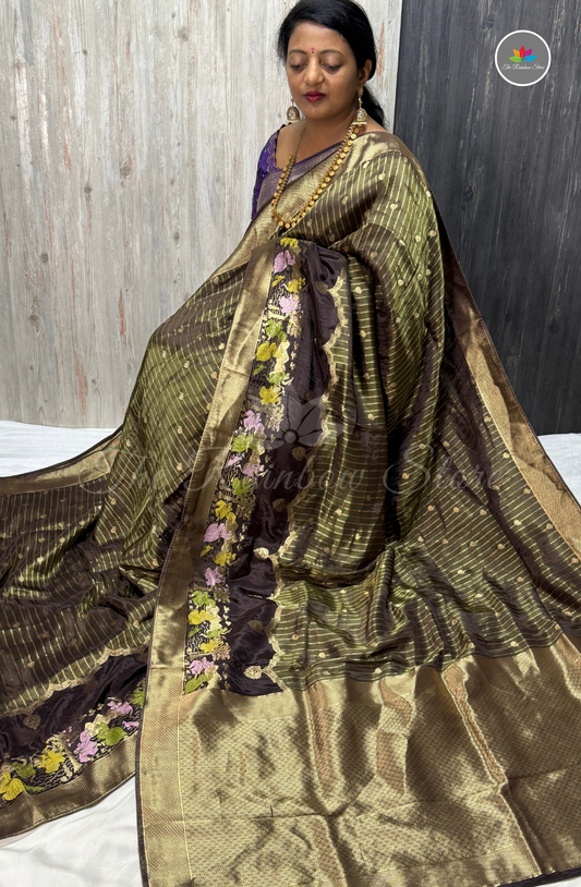 Imported Satin Tissue Mushru Saree - Dark Coffee Brown with Antique Gold Border