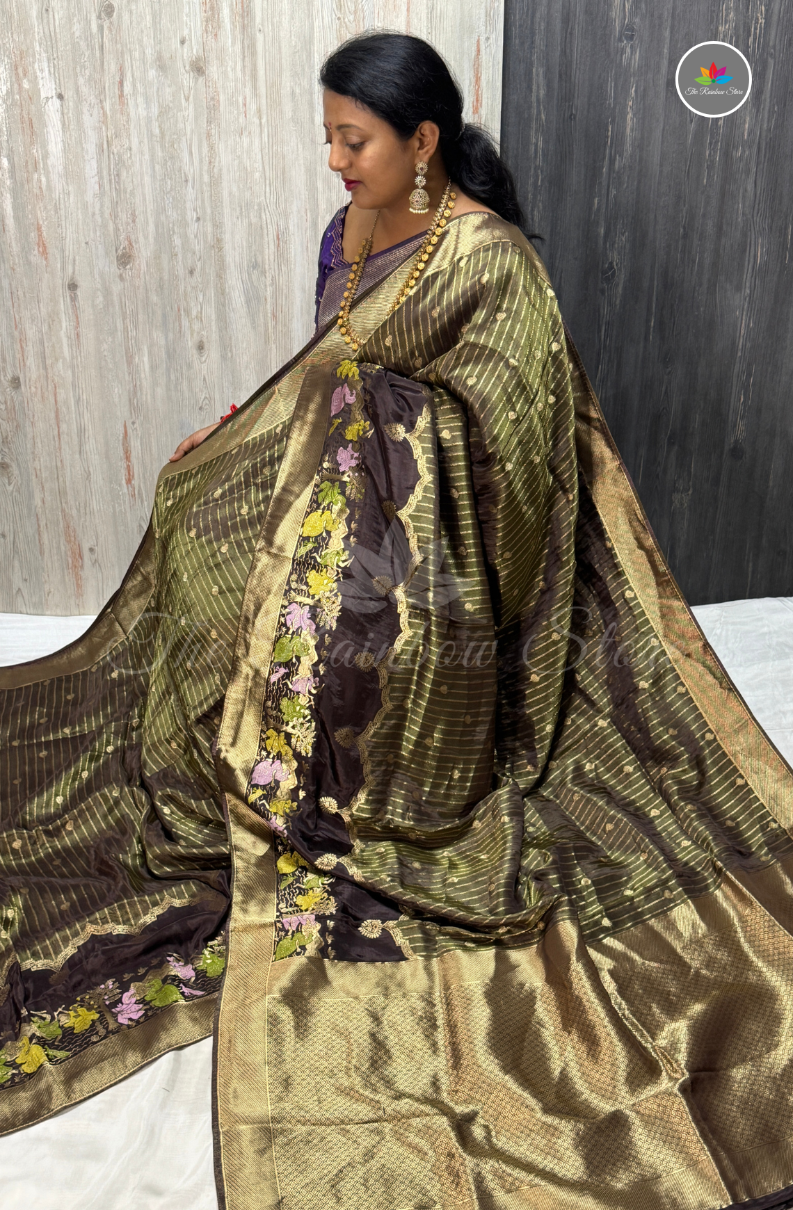 Imported Satin Tissue Mushru Saree - Dark Coffee Brown with Antique Gold Border
