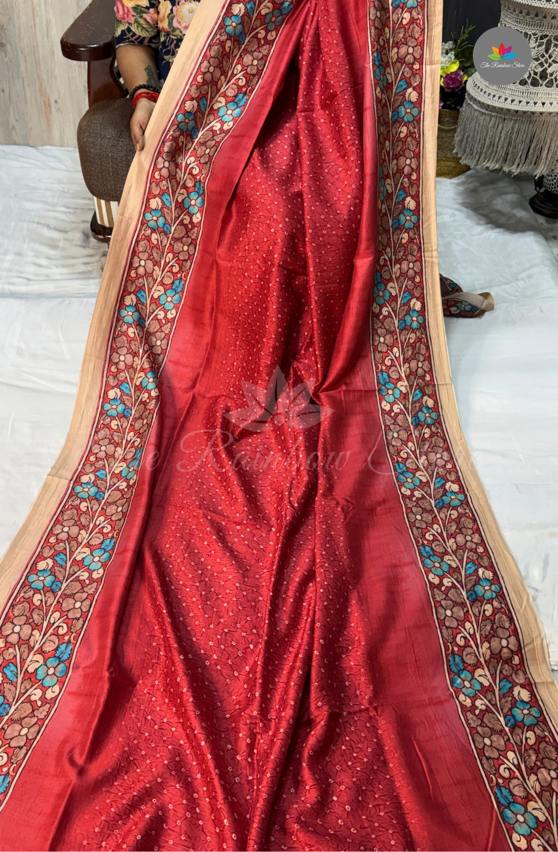 Tussar Silk Saree - Coral Red With Beige