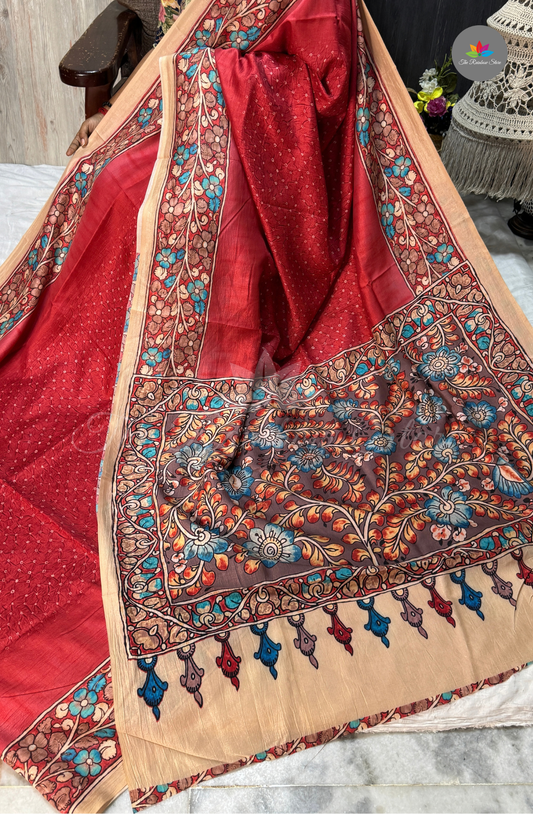 Tussar Silk Saree - Coral Red With Beige