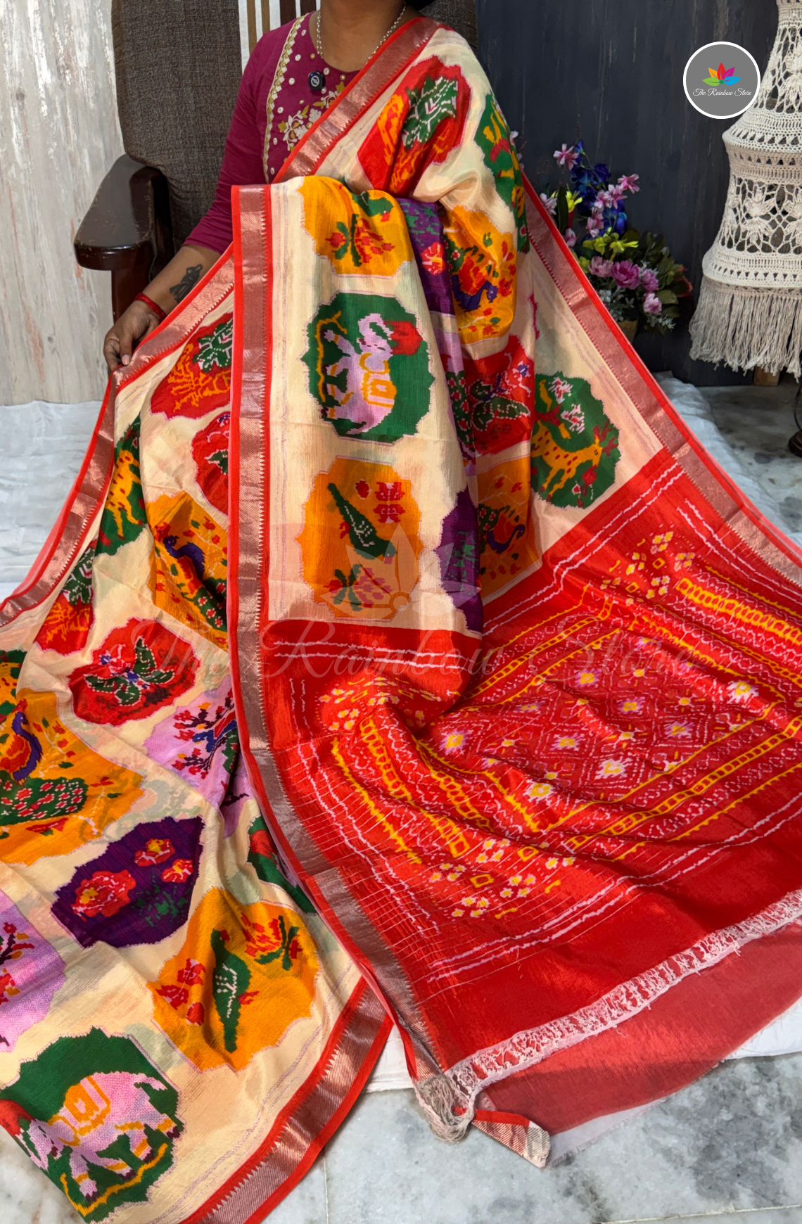 Mangalagiri Pattu Saree - Cream Beige with Red Border