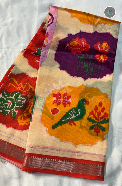Mangalagiri Pattu Saree - Cream Beige with Red Border