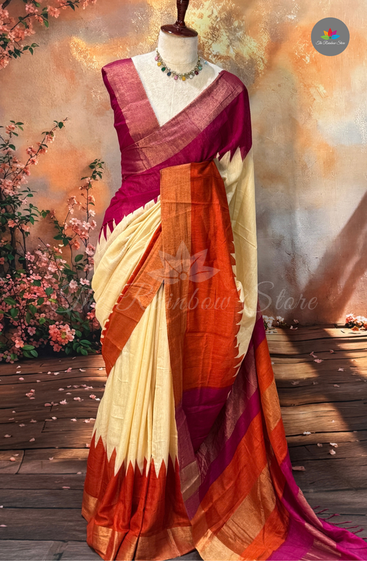Bhagalpur Saree - Cream with Rust Orange