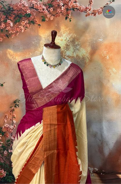 Bhagalpur Saree - Cream with Rust Orange