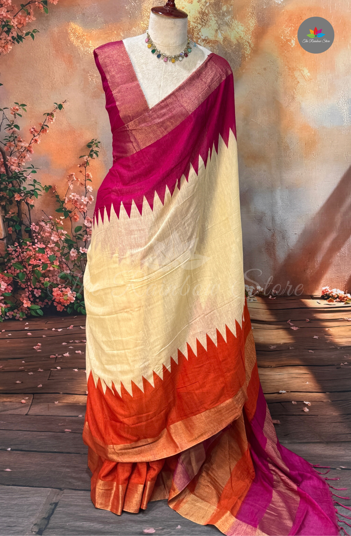 Bhagalpur Saree - Cream with Rust Orange