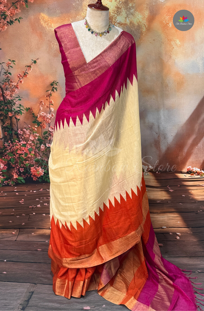 Bhagalpur Saree - Cream with Rust Orange