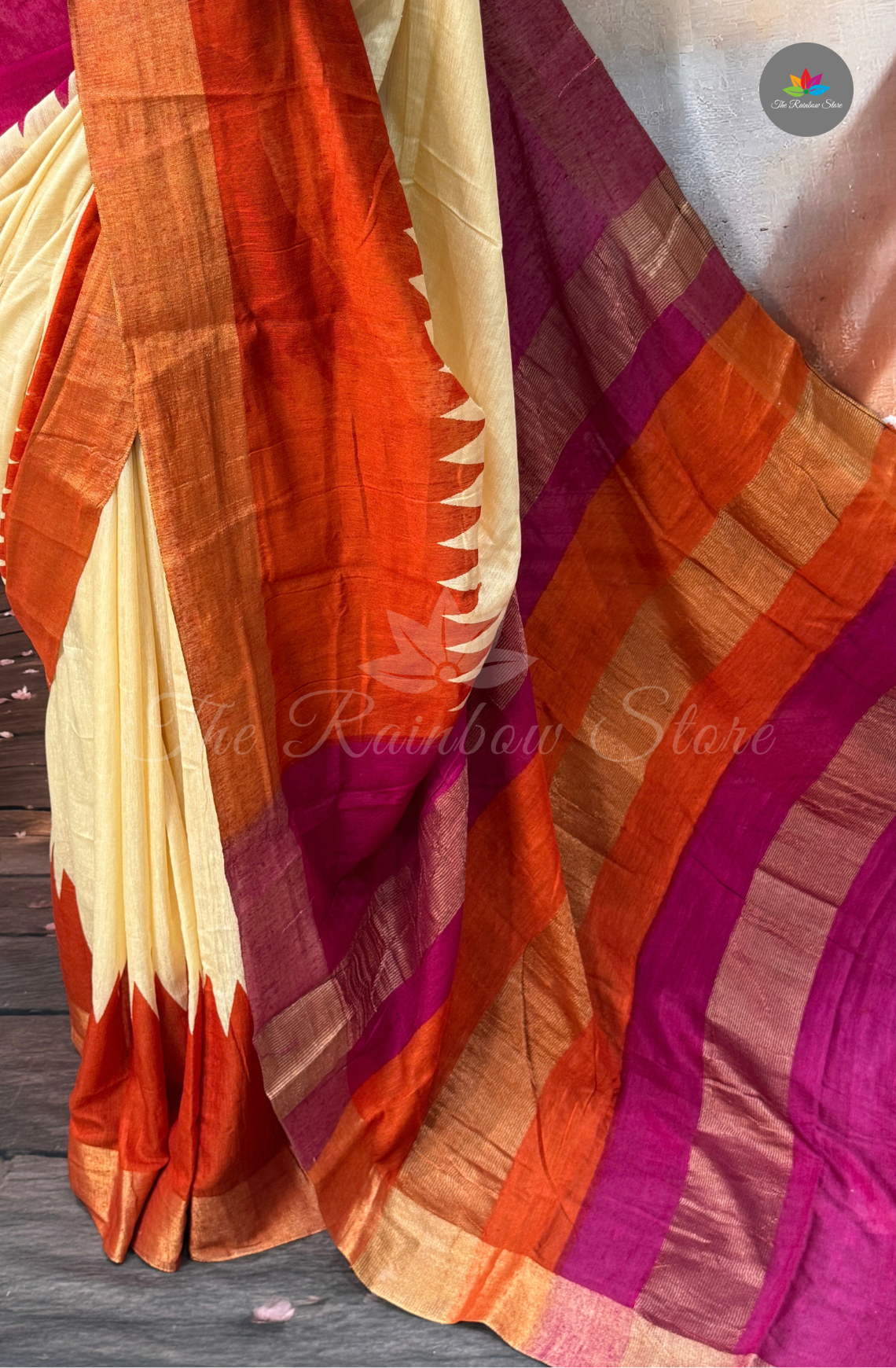 Bhagalpur Saree - Cream with Rust Orange