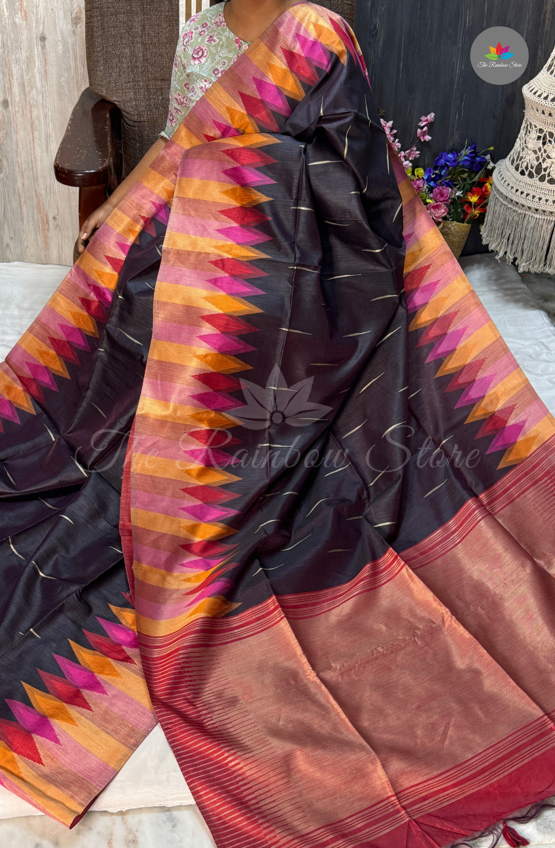 Ikkat Tusser Silk With Jamdani Weaves - Dark Charcoal Purple