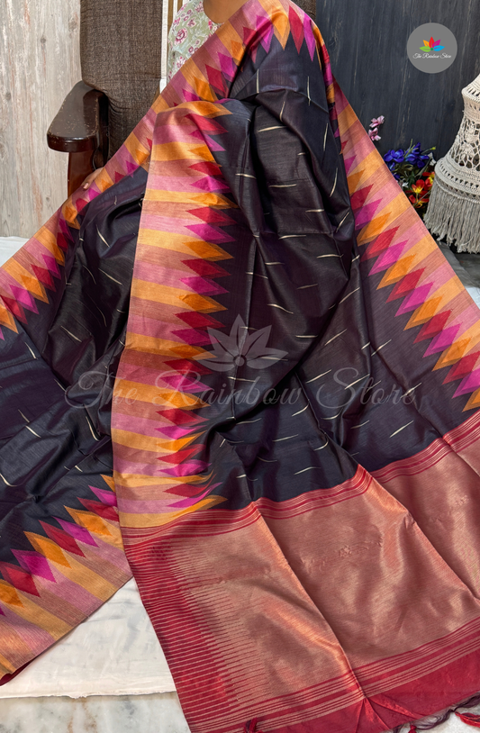 Ikkat Tusser Silk With Jamdani Weaves - Dark Charcoal Purple