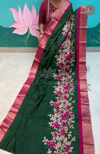 Bhagalpur Saree - Dark Green