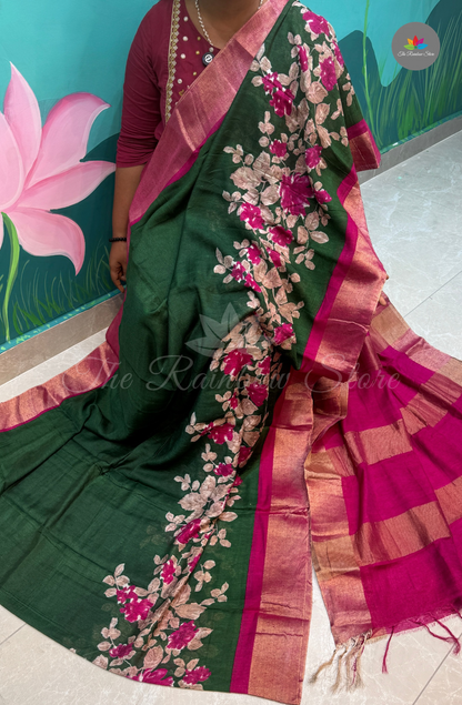 Bhagalpur Saree - Dark Green
