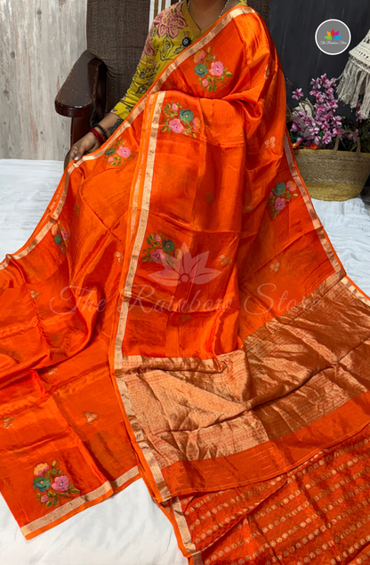 Organza Silk Saree - Deep Marigold Orange