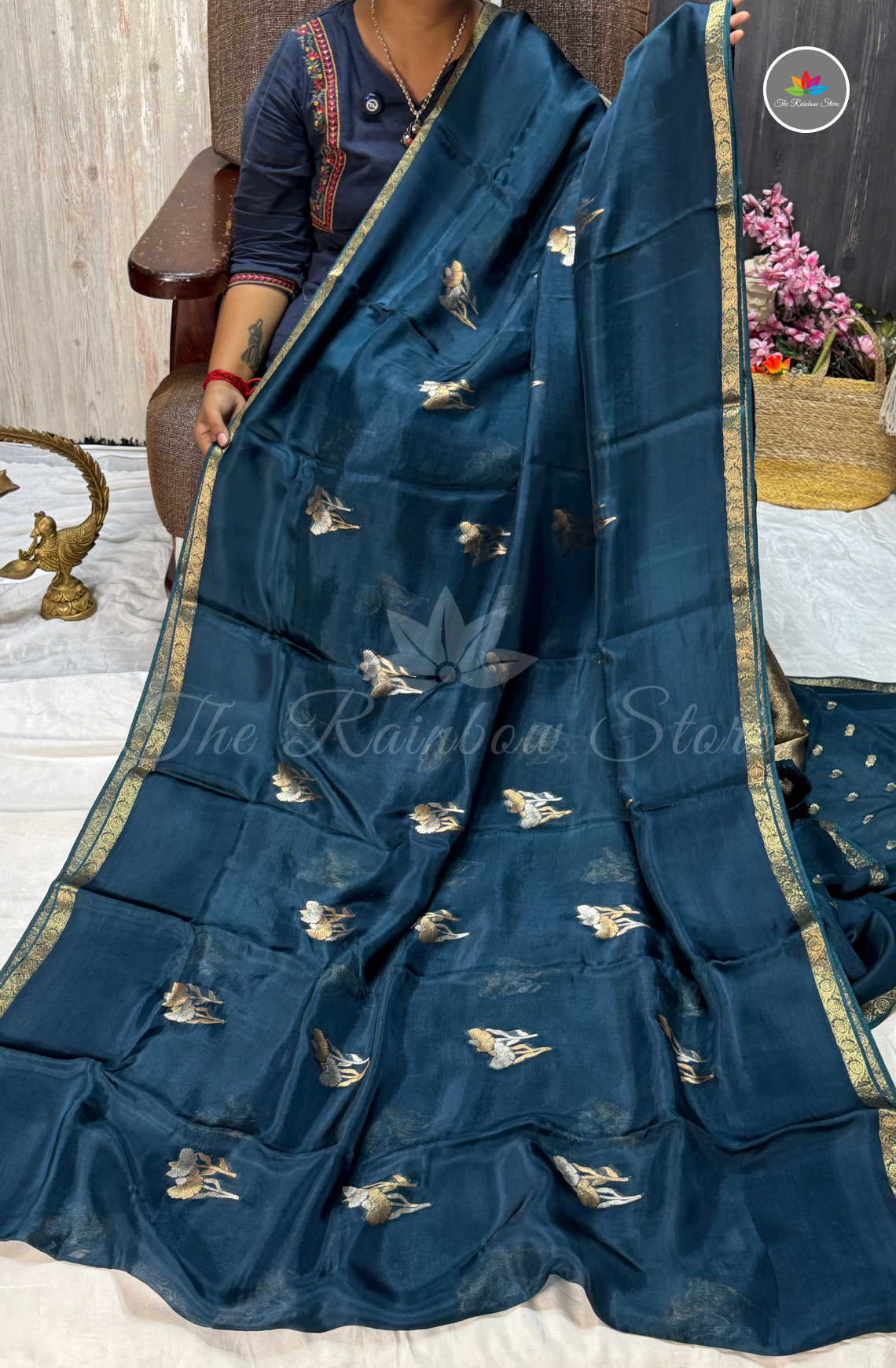Organza Silk Saree - Deep Teal Blue