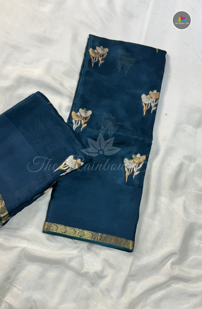 Organza Silk Saree - Deep Teal Blue
