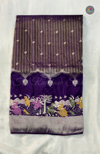 Imported Satin Tissue Mushru Saree - Deep Violet with Silver Zari