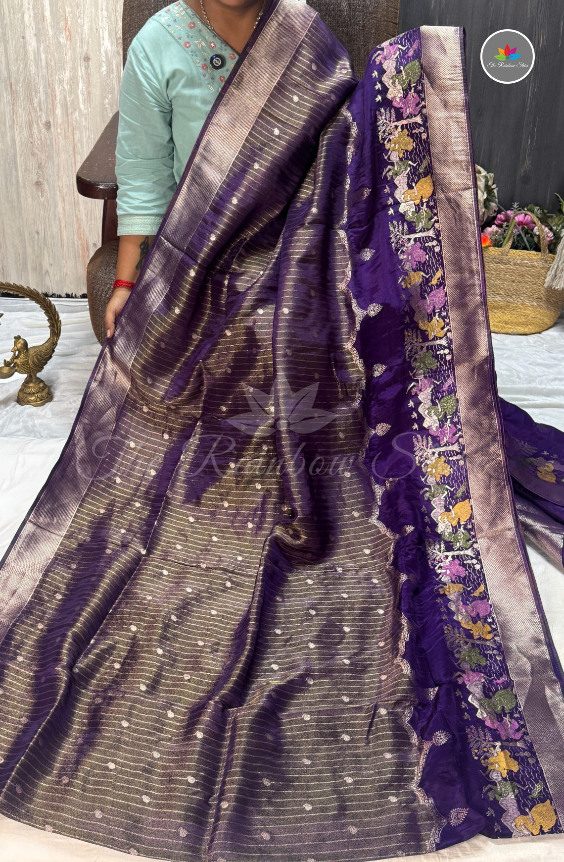 Imported Satin Tissue Mushru Saree - Deep Violet with Silver Zari