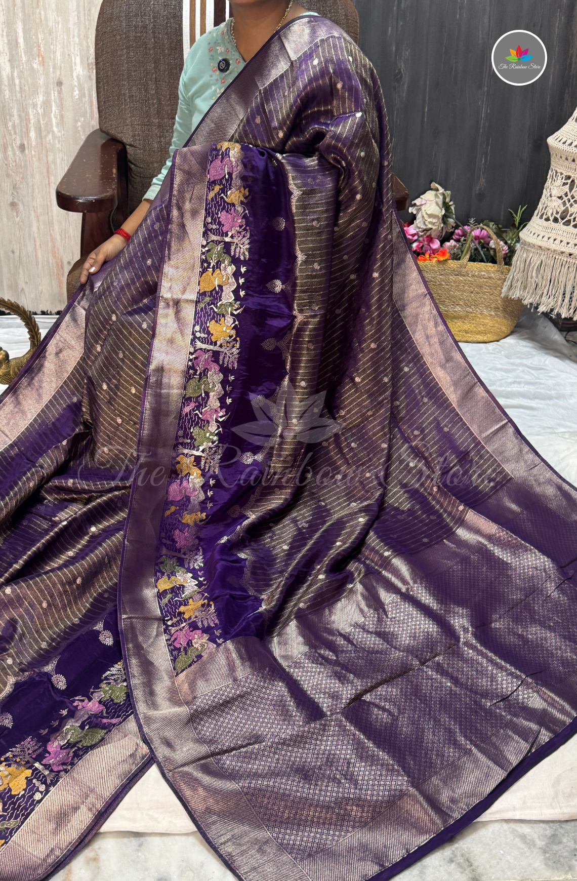 Imported Satin Tissue Mushru Saree - Deep Violet with Silver Zari