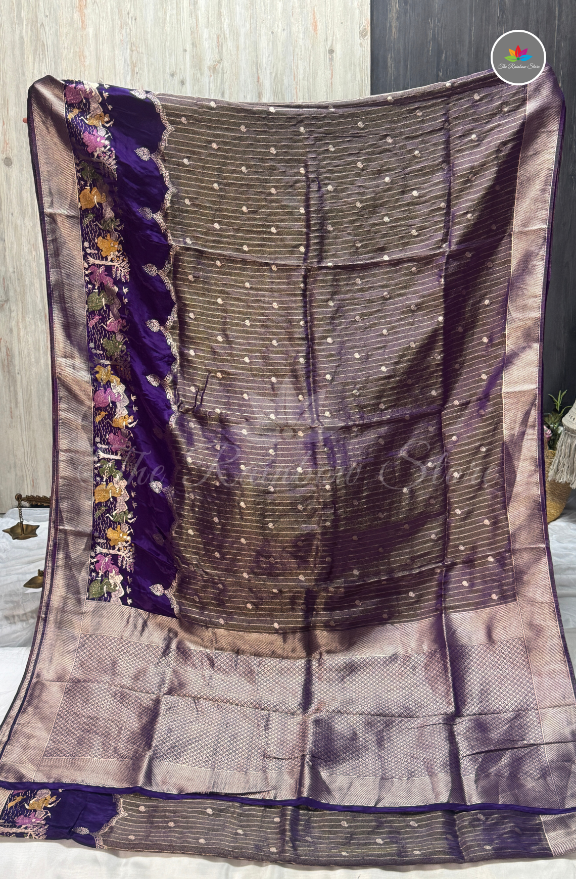 Imported Satin Tissue Mushru Saree - Deep Violet with Silver Zari