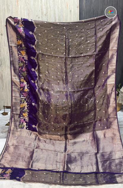 Imported Satin Tissue Mushru Saree - Deep Violet with Silver Zari