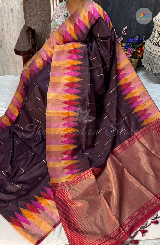 Ikkat Tusser Silk With Jamdani Weaves - Deep Wine Purple