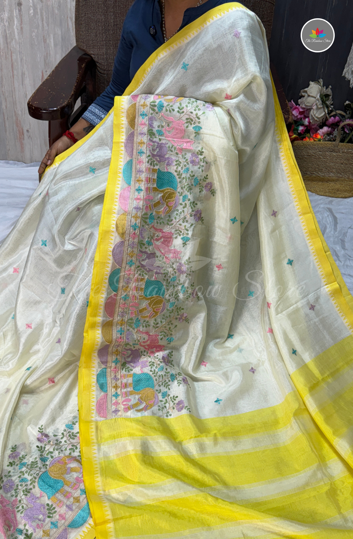 Designer Mangalagiri Saree - Ivory & Yellow