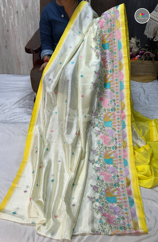 Designer Mangalagiri Saree - Ivory & Yellow