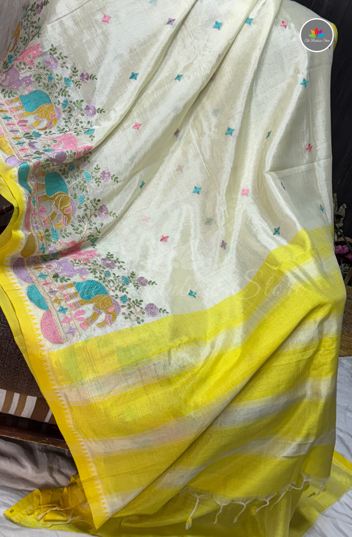 Designer Mangalagiri Saree - Ivory & Yellow