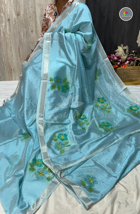 Designer Mangalagiri Saree - Sky Blue