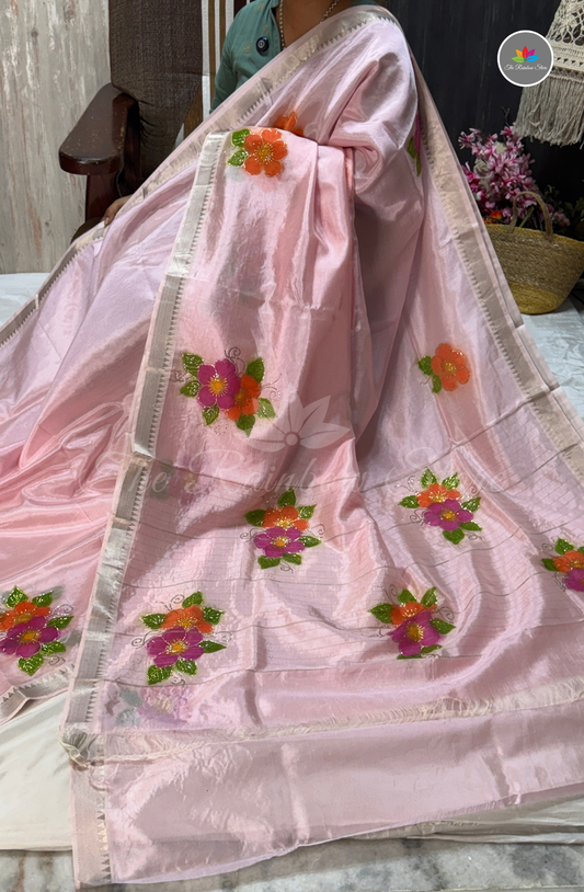 Designer Mangalagiri Saree with Floral Work - Baby Pink