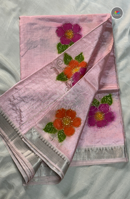 Designer Mangalagiri Saree with Floral Work - Baby Pink