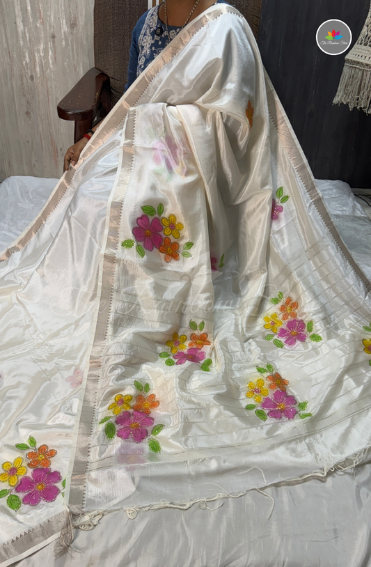 Designer Mangalagiri Saree with Floral Work - Off White
