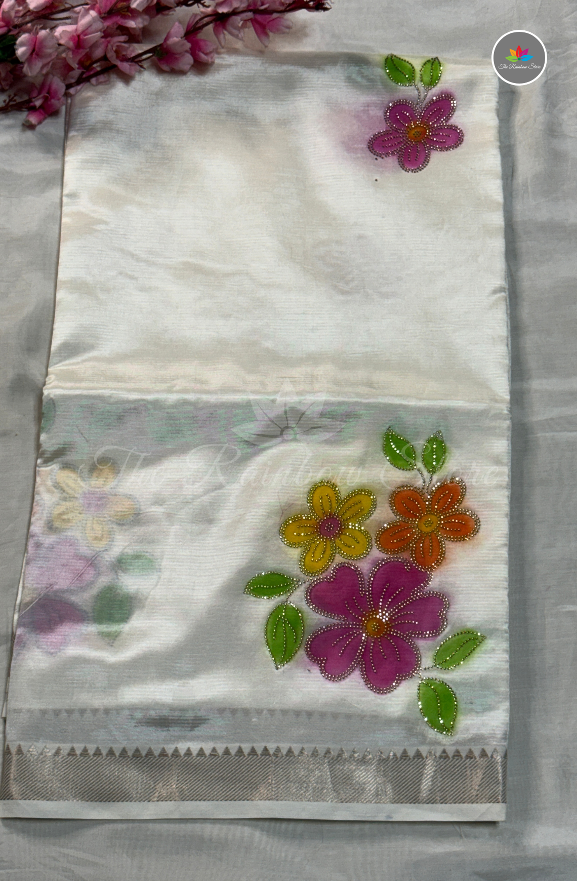 Designer Mangalagiri Saree with Floral Work - Off White