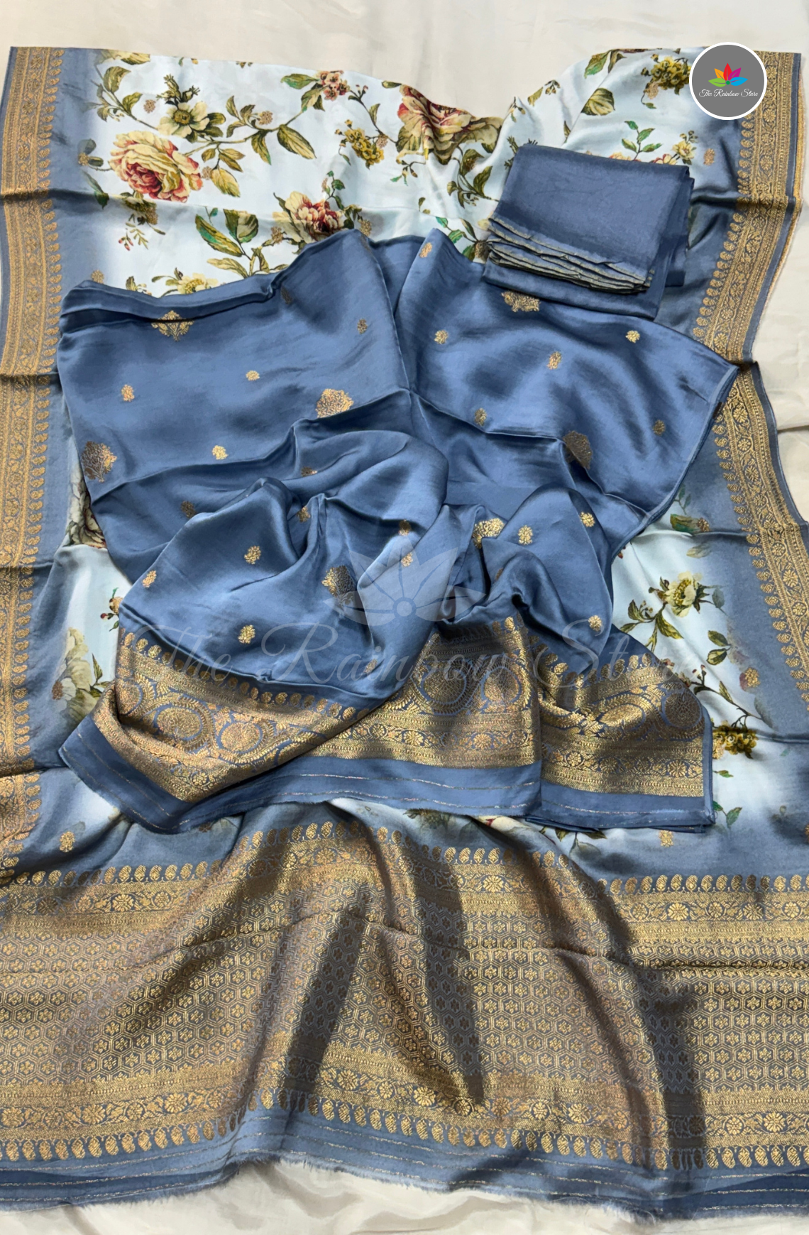 Pure Satin Mushru 3-Piece Salwar Set - Dusty Blue
