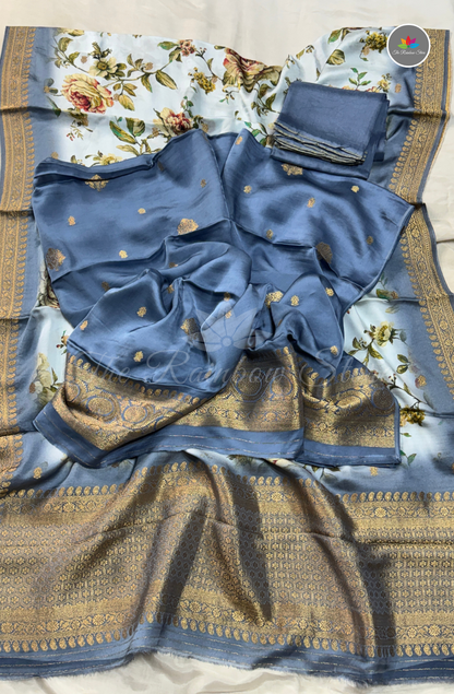 Pure Satin Mushru 3-Piece Salwar Set - Dusty Blue