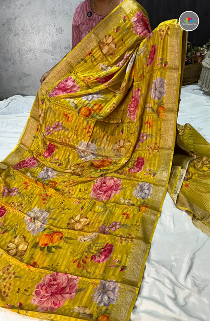Elegant Chinon Crepe Silk Saree - Mustard