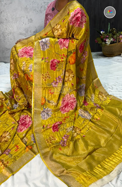 Elegant Chinon Crepe Silk Saree - Mustard