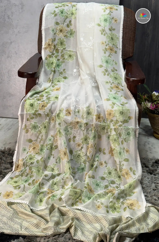 Elegant Kora Silk Organza Saree - White with Green Floral