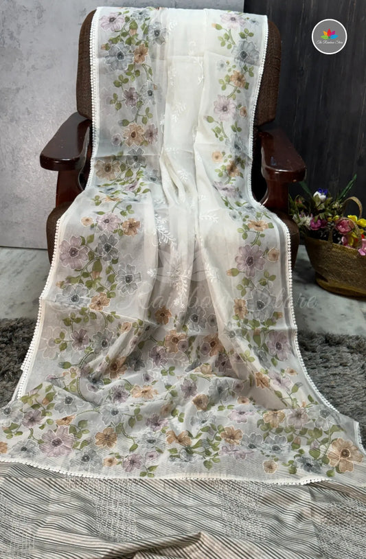 Elegant Kora Silk Organza Saree - White with Purple Floral