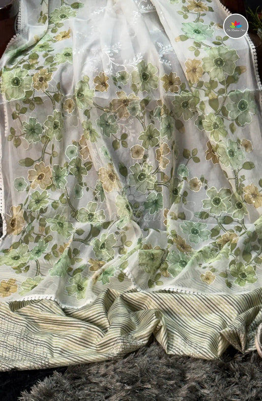 Elegant Kora Silk Organza Saree - White with Green Floral