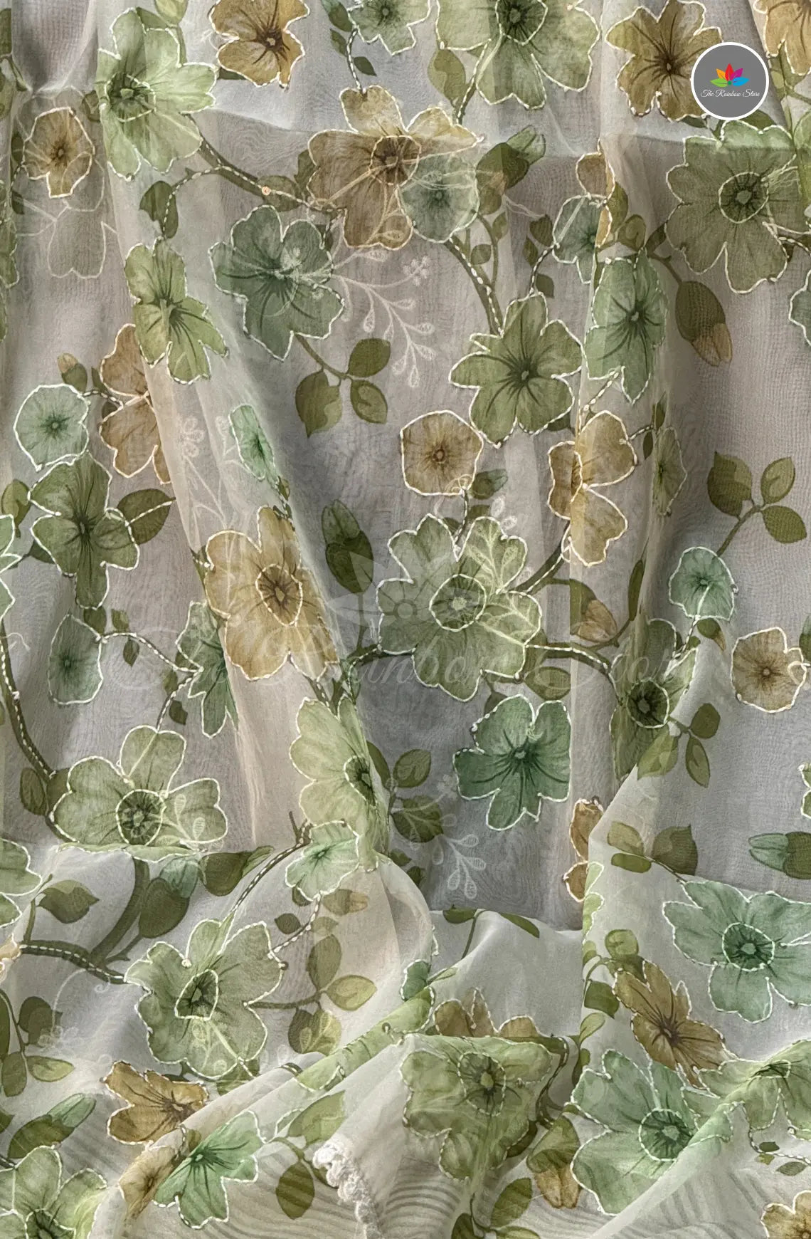 Elegant Kora Silk Organza Saree - White with Green Floral