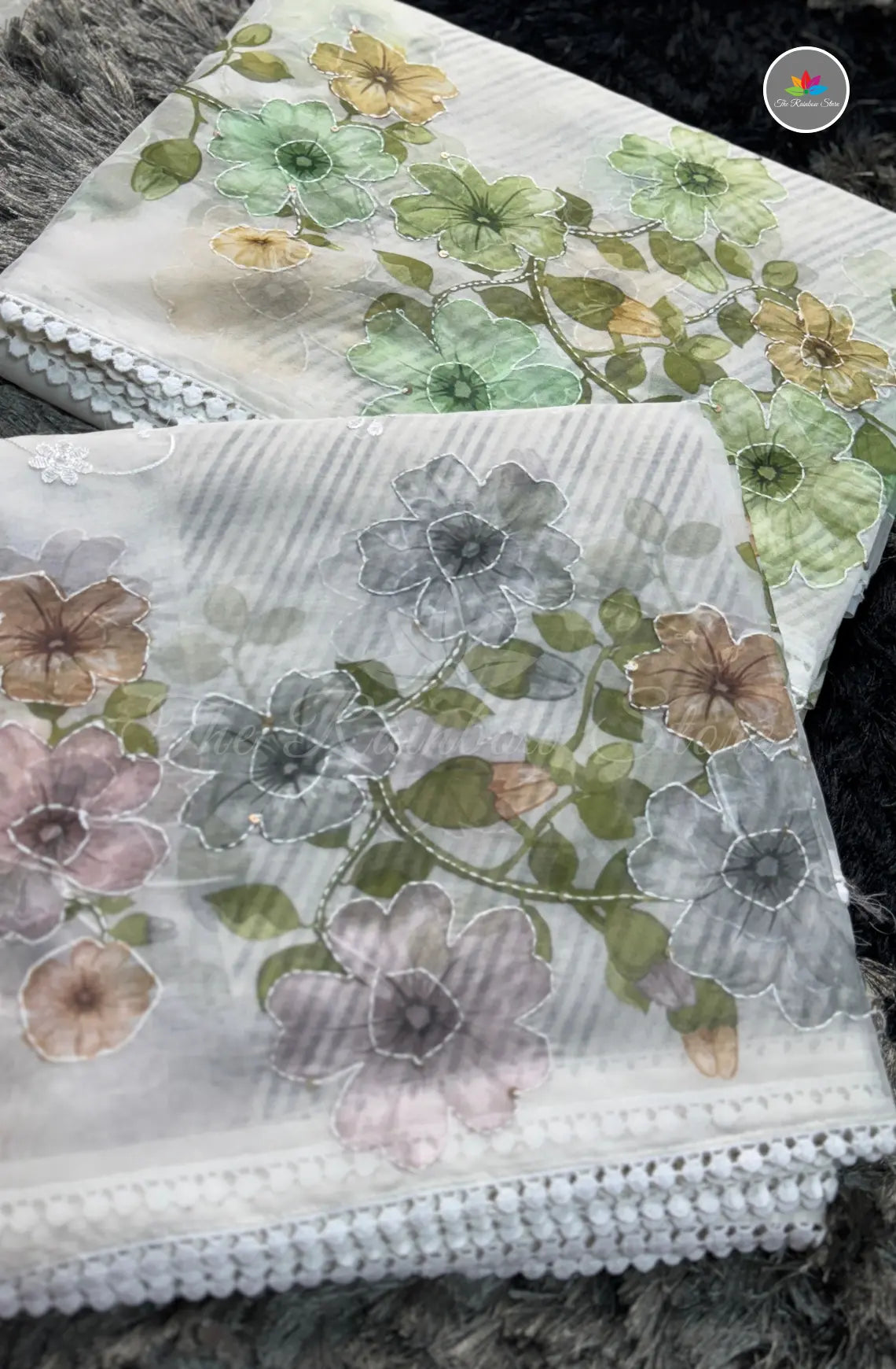 Elegant Kora Silk Organza Saree - White with Green Floral