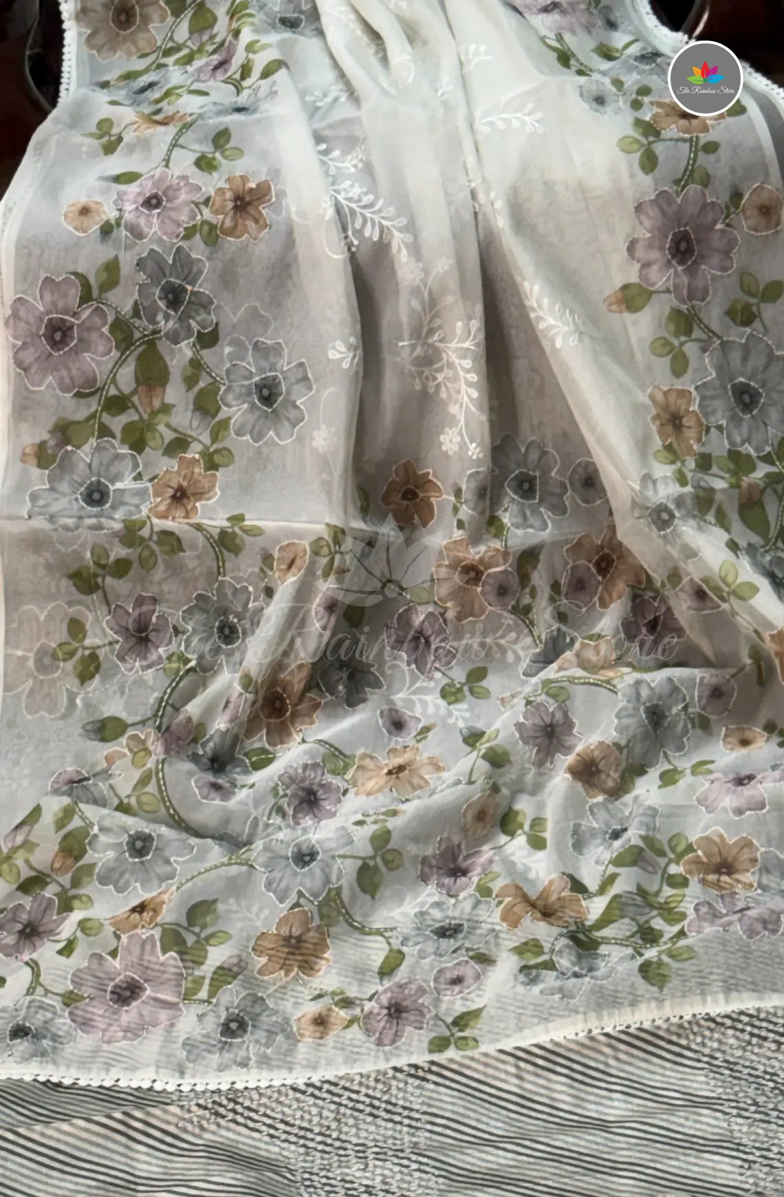 Elegant Kora Silk Organza Saree - White with Purple Floral