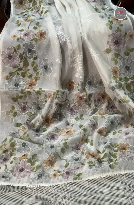 Elegant Kora Silk Organza Saree - White with Purple Floral