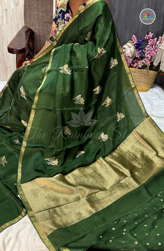 Organza Silk Saree - Emerald Green