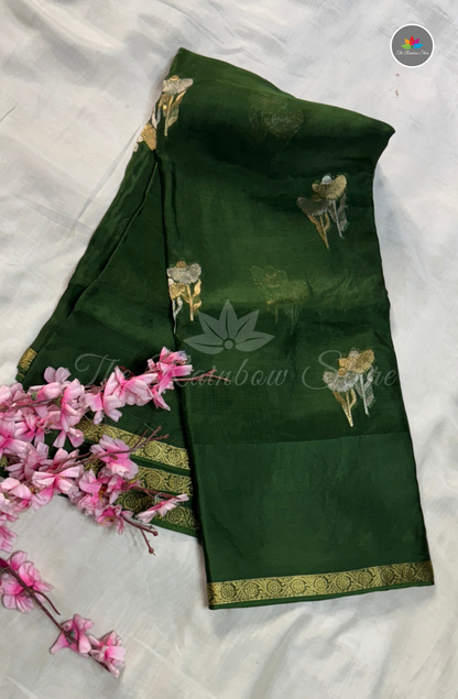 Organza Silk Saree - Emerald Green