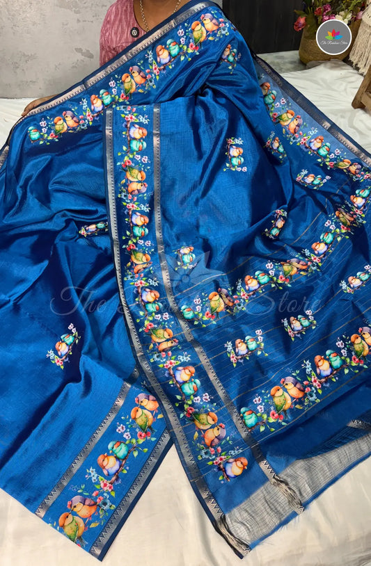 Pure Mangalagiri Pattu  with Tanjore Paints - Royal Blue