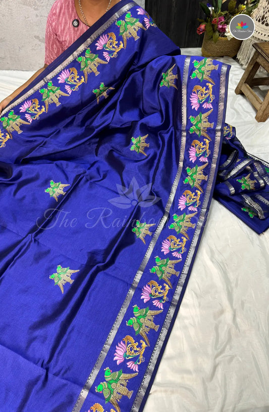 Pure Mangalagiri Pattu  with Tanjore Paints - Royal Blue
