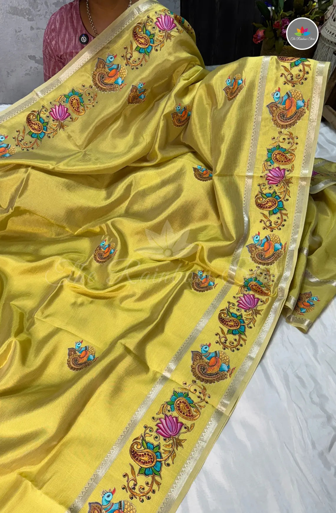 Pure Mangalagiri Pattu  with Tanjore Paints - Golden Yellow