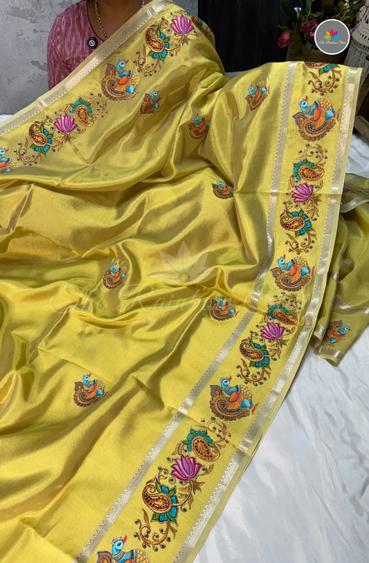 Pure Mangalagiri Pattu  with Tanjore Paints - Golden Yellow