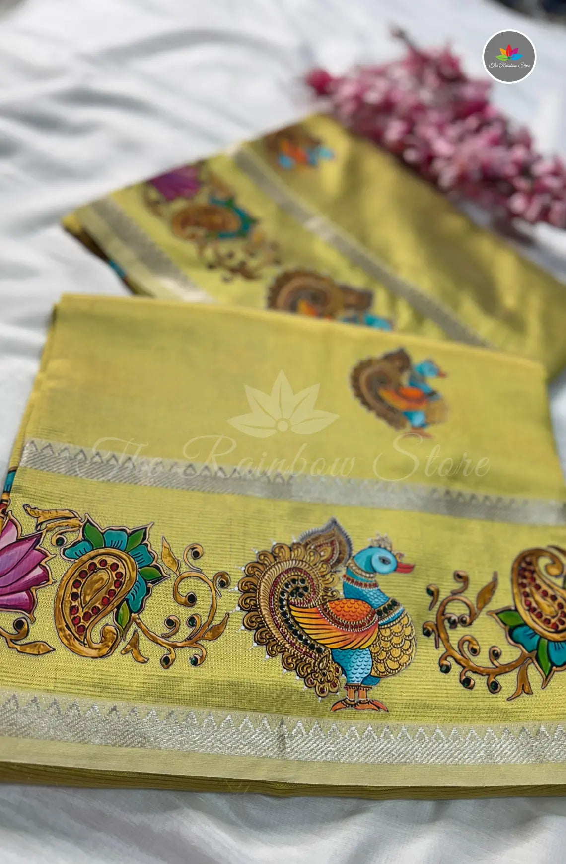 Pure Mangalagiri Pattu  with Tanjore Paints - Golden Yellow
